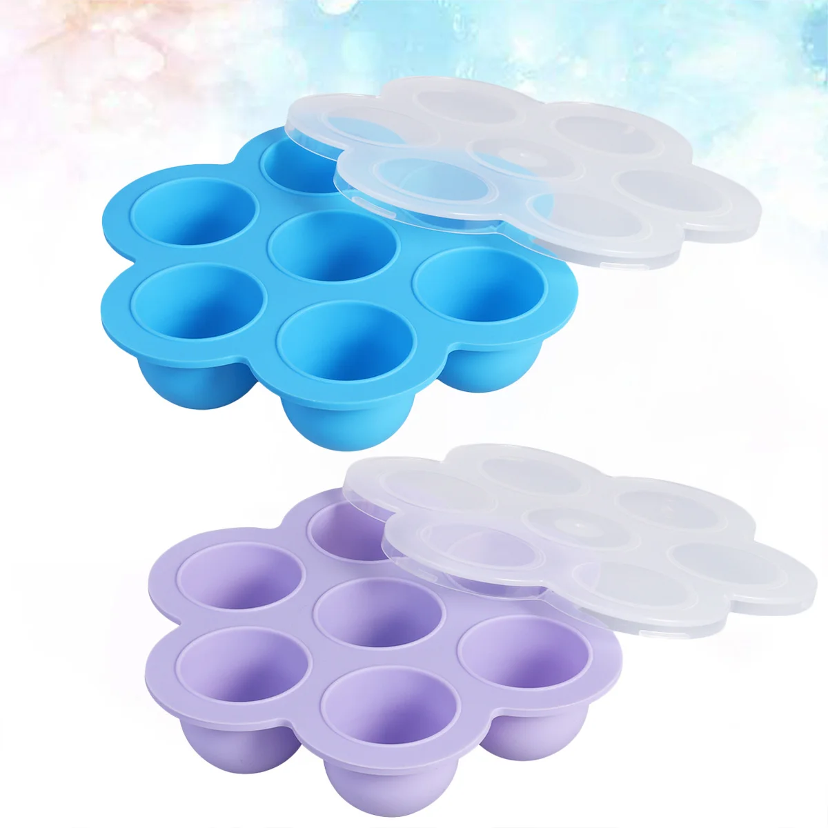 

2Pcs Baby Food Storage Container Silicone 7 Compartments Reusable Freezer Tray Clip-on Lid Food Storage Tray Blue Purple