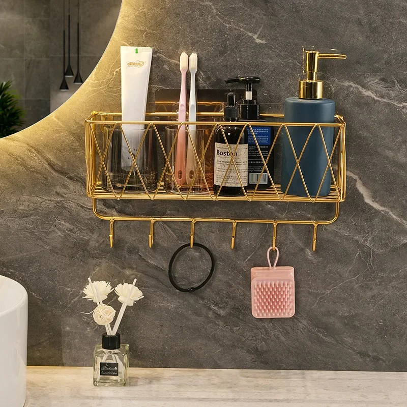 Luxury Gold/Black Bathroom Shelves Without Drilling Metal Storage Basket with Hooks Toothbrush Shampoo Holder Bath Rack HQ224