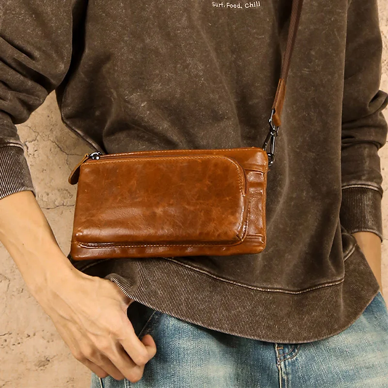 Phone Wallet Clutch Purse Multi-Layer Zipper Compartments Genuine Leather Small Crossbody Bag for Men Casual Daily Travel Sling