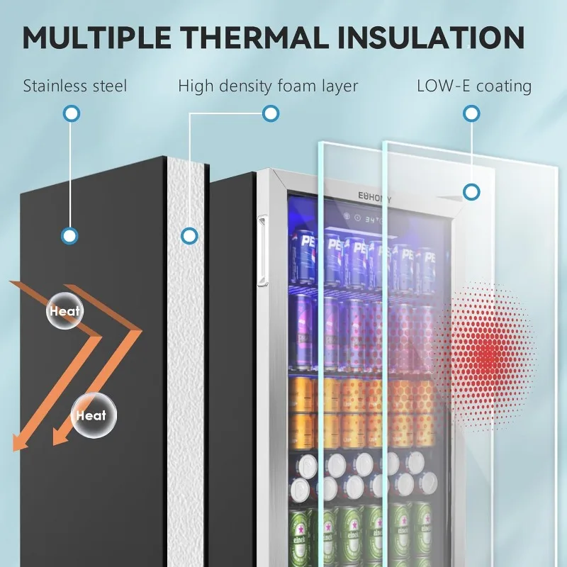 ثلاجة ومبرد مشروبات EUHOMY، ثلاجة صغيرة 126 علبة مع باب زجاجي، ثلاجة صغيرة مع أرفف قابلة للتعديل، فضي