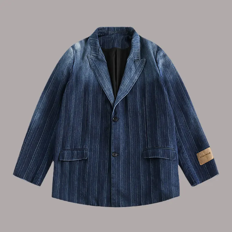 

Vintage Washed Denim Blazer Men Pure Cotton Autumn Fashion Male Clothes Slim Fit Business Striped Jean Coats Men Casual Suits