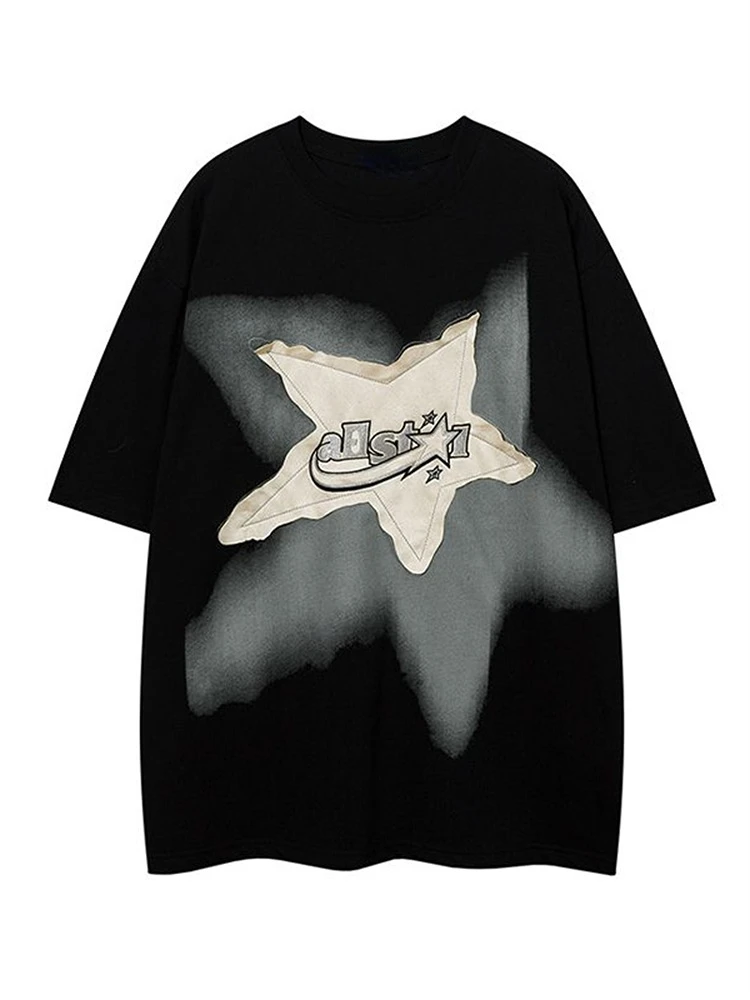 QWEEK Y2K Vintage Black Star T-Shirt Women Streetwear 90s Grunge White Tees Oversized Harajuku Retro Hip Hop Crewneck T Shirt