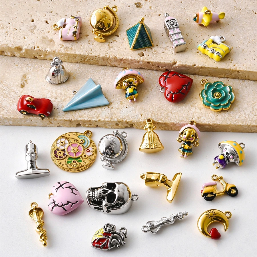 8Pcs Drip oil 3D Stainless Steel Charms DIY Jewelry Sedan Electric Girl Mushroom Man Train Head Skull Pendant Necklace Making