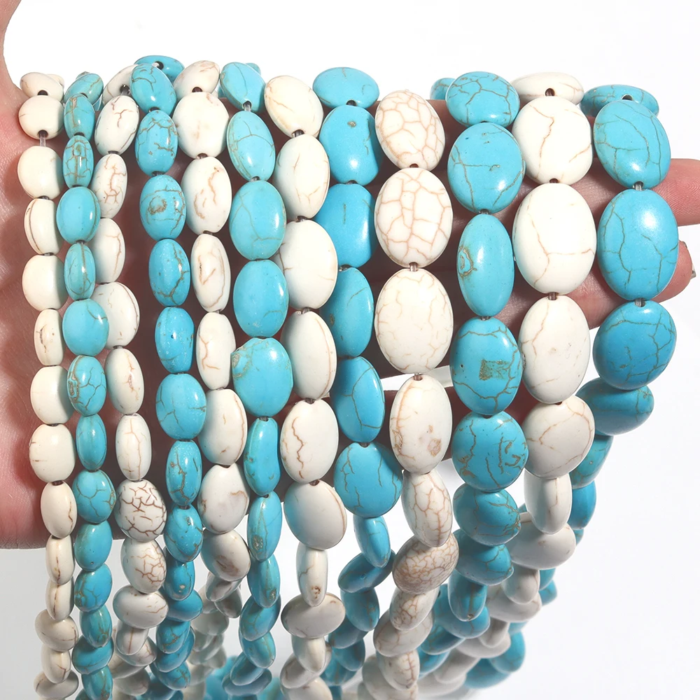 Natürliche türkis farbene Stein perlen blau weiße Farbe eiförmige ovale Edelstein perle für DIY Halskette Armband Schmuck machen Zubehör