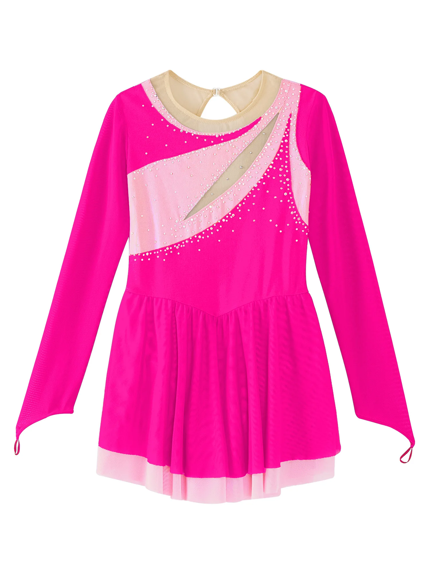 Children Girls Figure Skating Leotard Dress Ballet Lyrical Dance Rhythmic Gymnastics Costume Long Sleeve Rhinestone Mesh Dresses