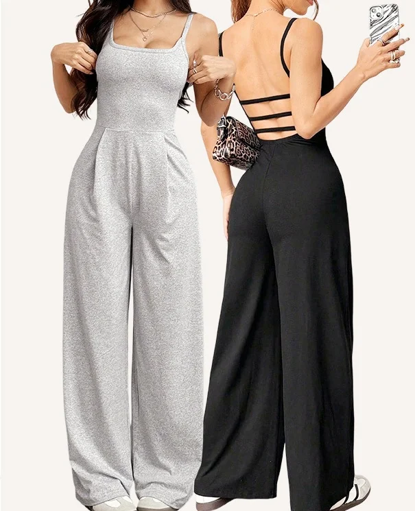 Summer New Camisole Casual Women Loose Jumpsuit Strap Camis Hole Sexy Backless Full Long  Jumpsuits Sexy