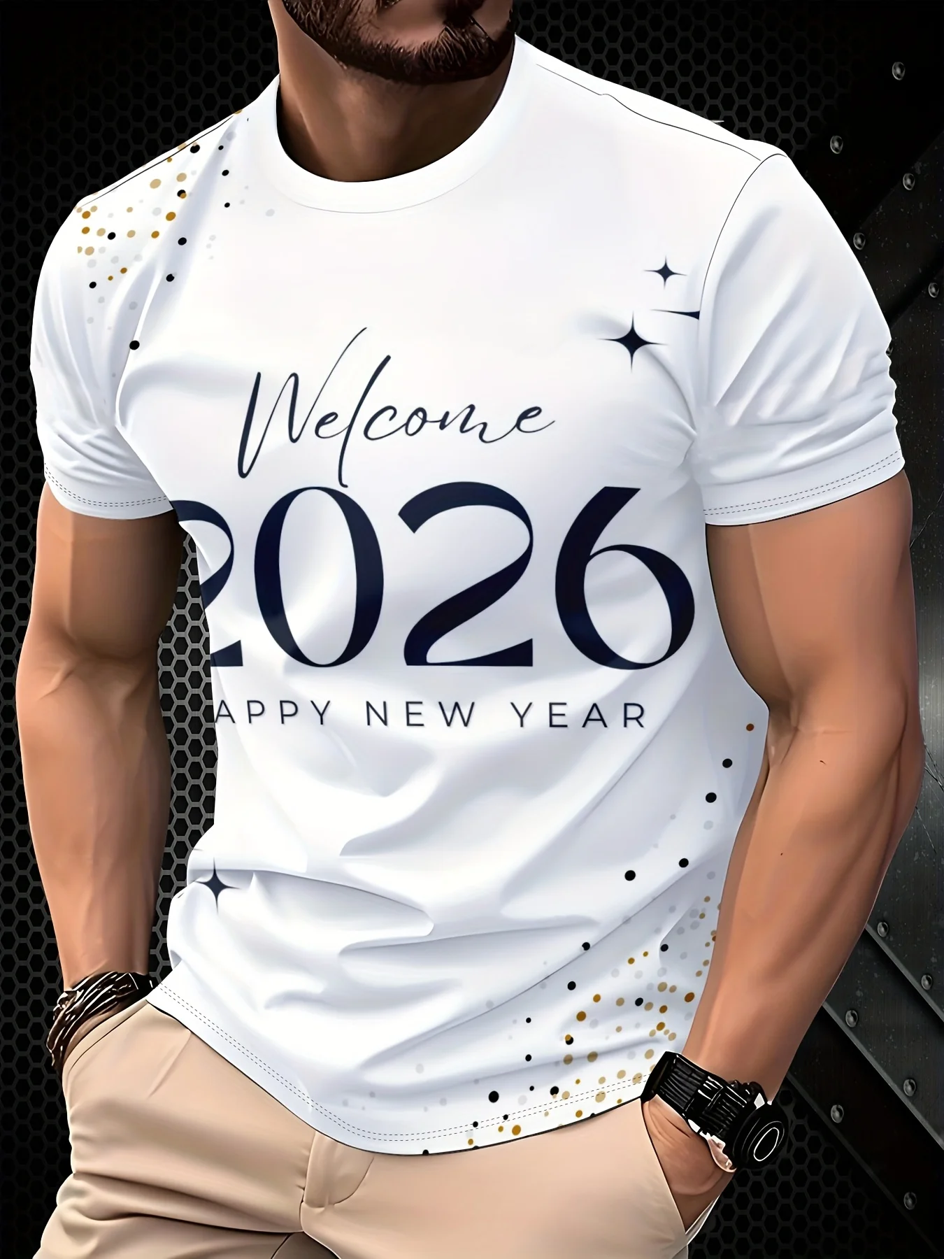 

Welcome to 2026 Printed Men's T Shirt Leisure FashionC rew Neck Short Sleeve Tops Christmas New Year Carnival Party Men Clothing