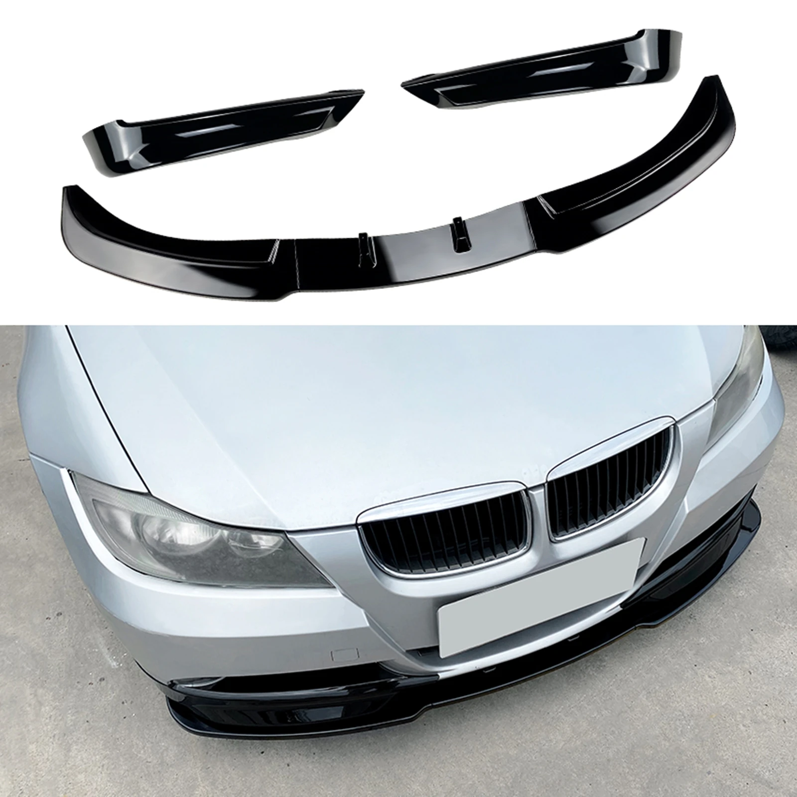 

Front Bumper Splitter Lip+Side Spoiler Cover For BMW 3 Series E90 E91 2005-2008 320i 330i Base Sedan Glossy Black Blade Body Kit