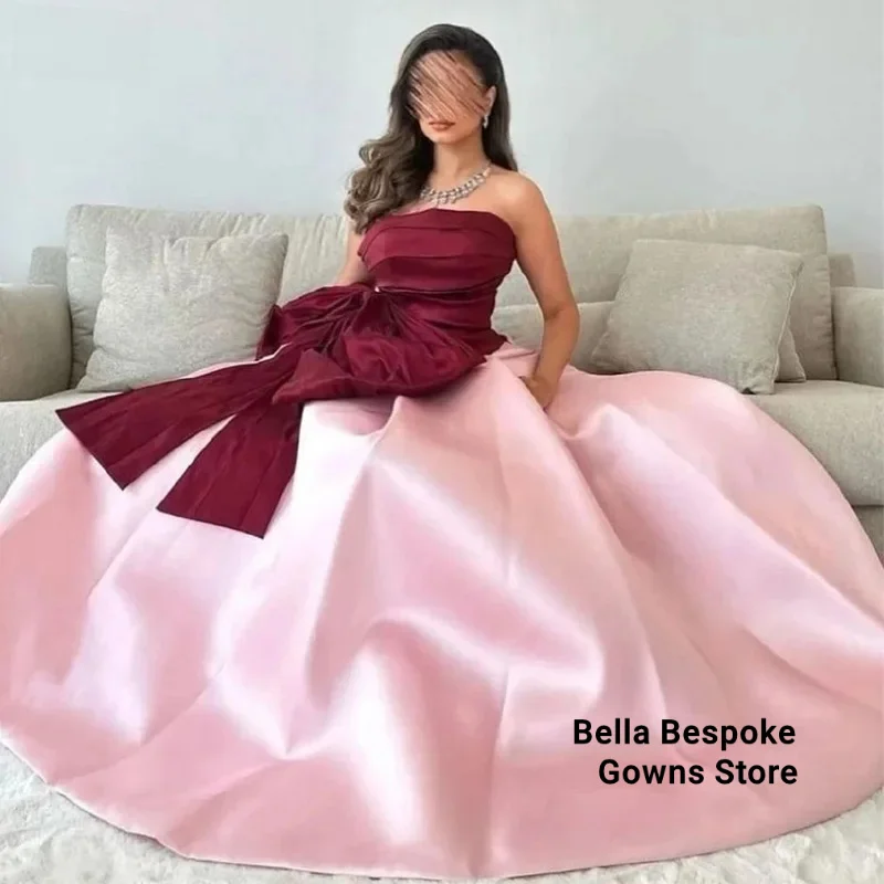 

A-line Strapless Ruffle Arab Satin Prom Gown Bow Floor Length Saudi Evening Formal Elegant Party Dress for Women