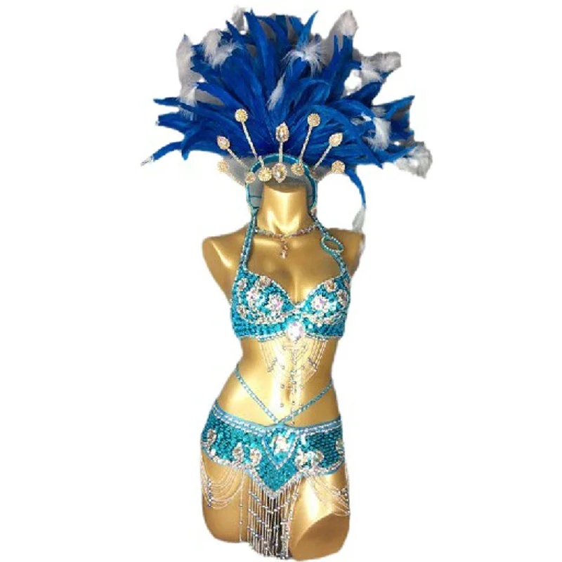 Sexy samba rio carnaval traje para mulher artesanal frisado lantejoulas traje de dança do ventre conjunto com pena turquesa cabeça peça