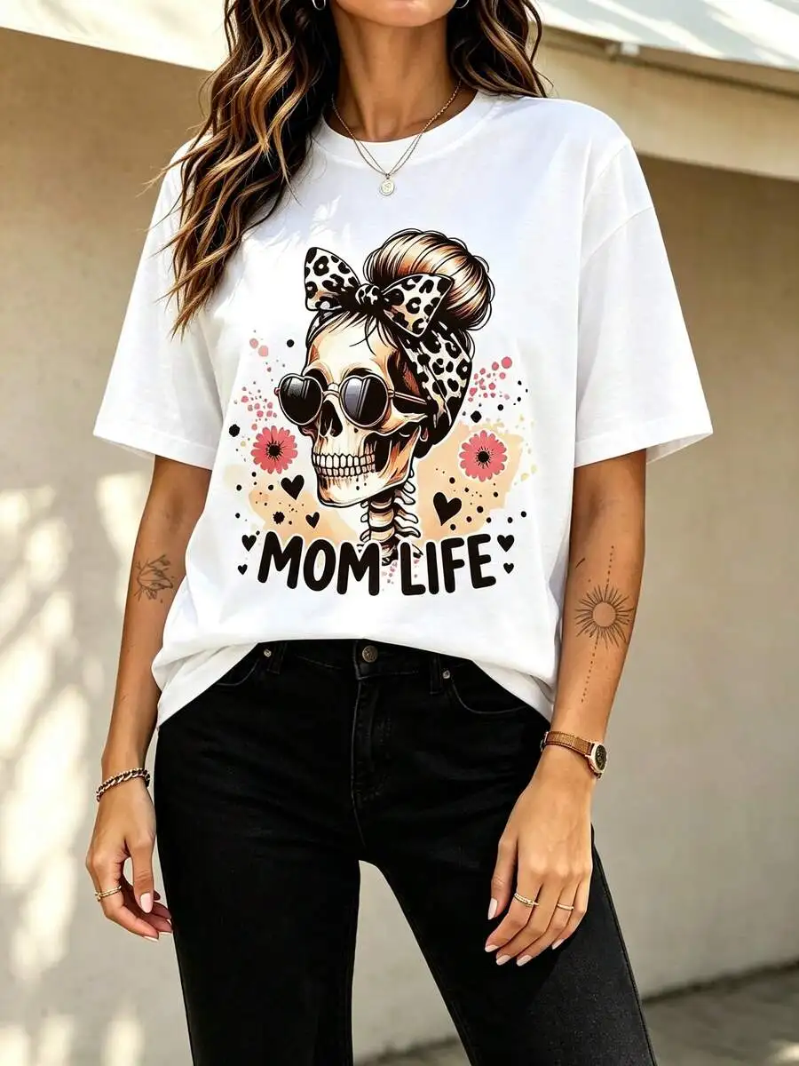 Oversized Women Mom Life Skull Graphic T Shirt Casual Short Sleeve Summer Aesthetic Daily Wear Top