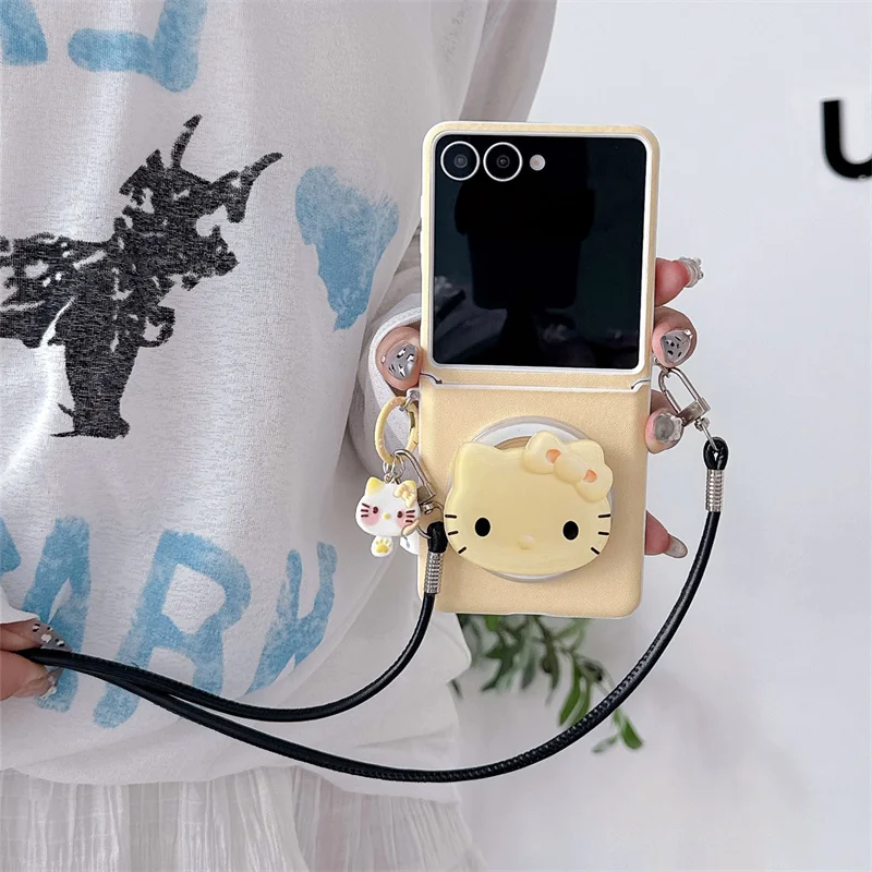 

Fashion Leather Cute Hellokitty Phone Case For Samsung Galaxy Z Flip 7 6 5 ZFlip6 Cover with Stand Lanyard For Magsafe Cases