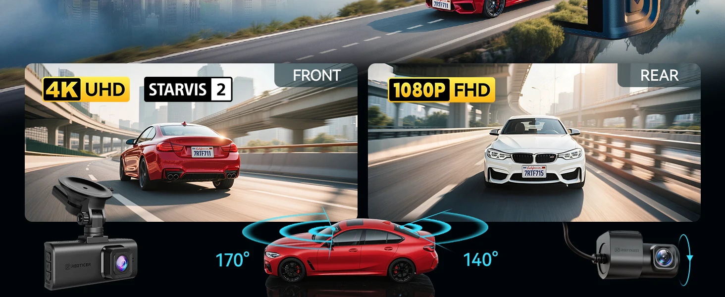 REDTIGER F7N TOUCH 4K Dashcam Starvis 2 IMX675 5,8 GHz WLAN Autokamera für Nachtsicht WDR von vorne und hinten – Detail 3
