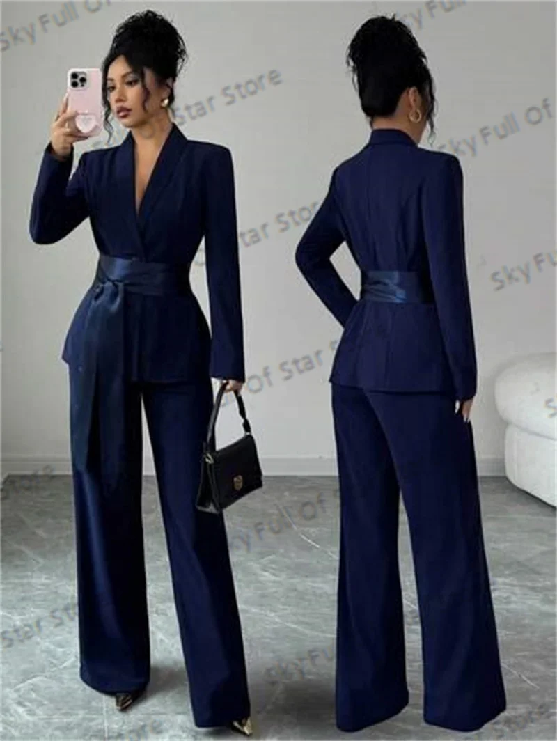 

Navy Blue Women Suit Set 2 Pcs Blazer+Pants Trousers Long Belt Formal Office Lady Jacket Cotton Wedding Prom Coat Customized