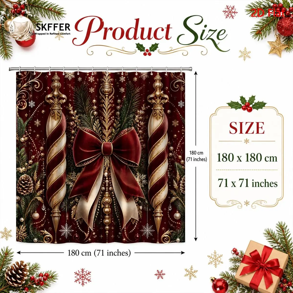2D Flat Christmas Shower Curtain, Red & Golden Bow, Candy Cane, Pine Branch & Snowflake, Elegant Vintage Holiday Bathroom Decor