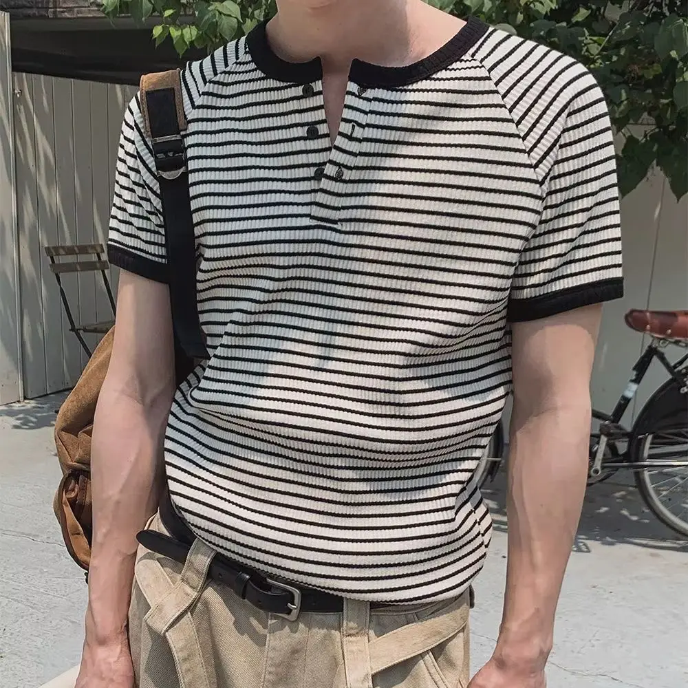 Men's Striped Cable-Knit Short-Sleeve T-Shirt Simple Casual Versatile Soft Loose-Fitting Short-Sleeve Top