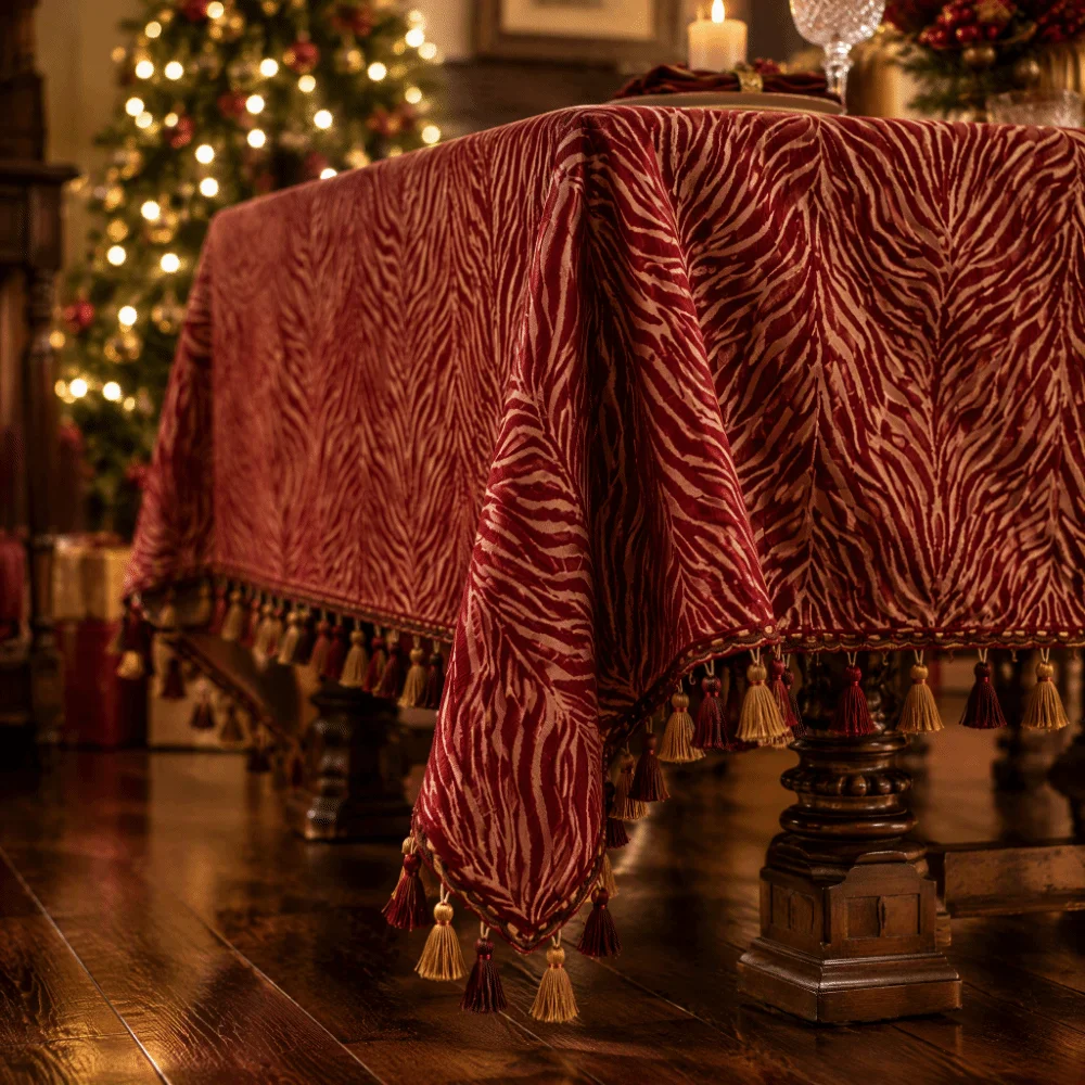 Polyester Cotton Christmas Tablecloth Golden Jacquard Woven Table Cover Dustproof Anti-slip Reversible Table Cover Christmas