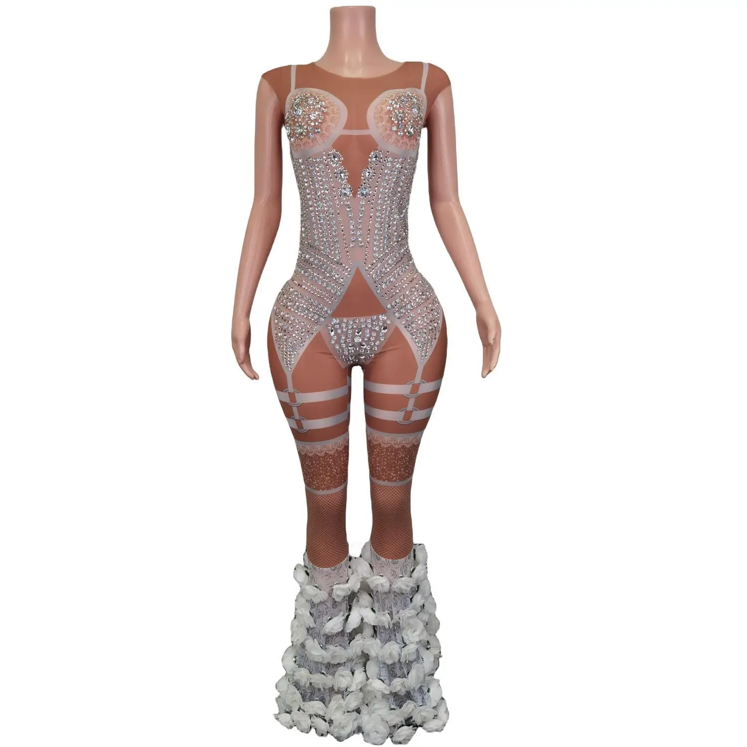 

Sexy Flower Crystals Women Mesh Bodysuit Women Fashion Diamonds Party Prom One Piece Jumpsuits Lady Stage Performance Costumes