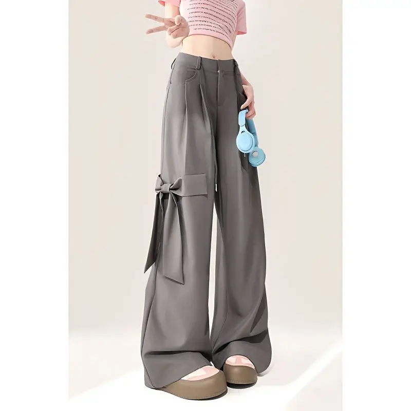 

Японские серые повседневные брюки для женщин, летние, новые, с бантом, прямого кроя, высококачественные, драпированные, свободные, широкие брюки