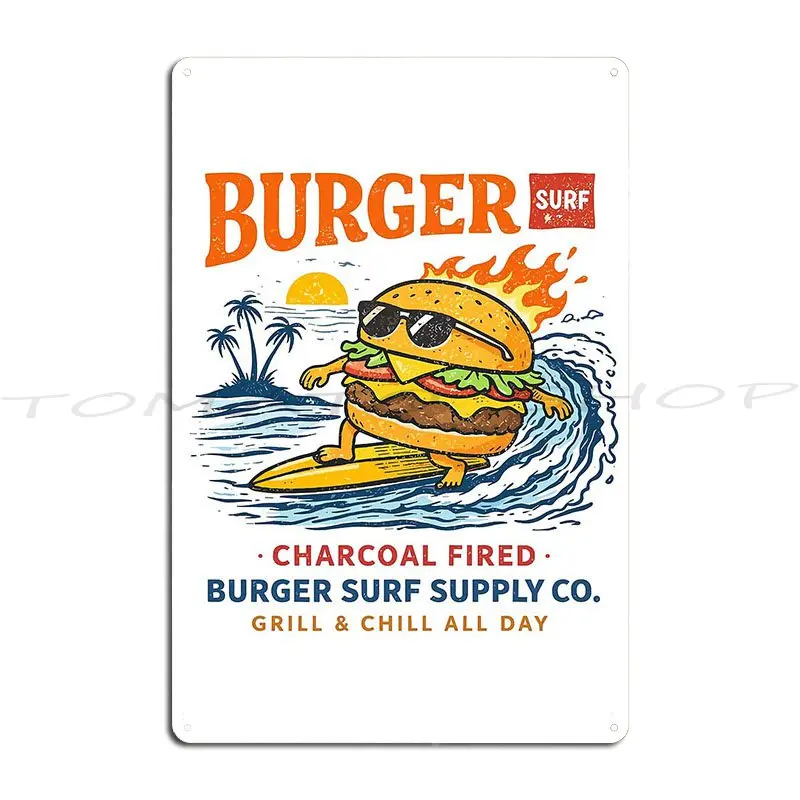 Surfing Burger Charcoal Fired Grill Metal Plaque Classic Wall Decor Mural Cave Custom Tin Sign Poster