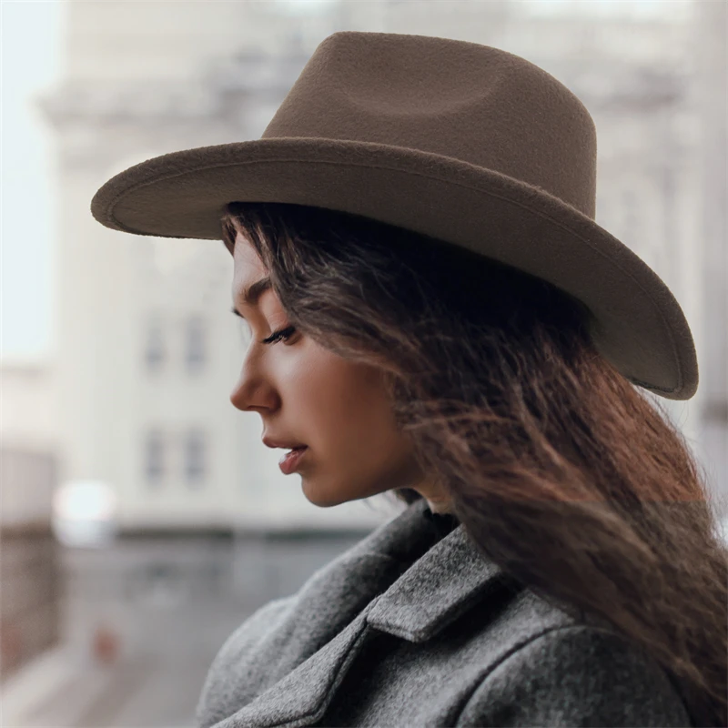 หมวกคาวบอยตะวันตกสําหรับผู้หญิงผู้ชายฤดูใบไม้ร่วงฤดูหนาวสุภาพสตรีกว้าง Brim Cowgirl หมวก Fedora