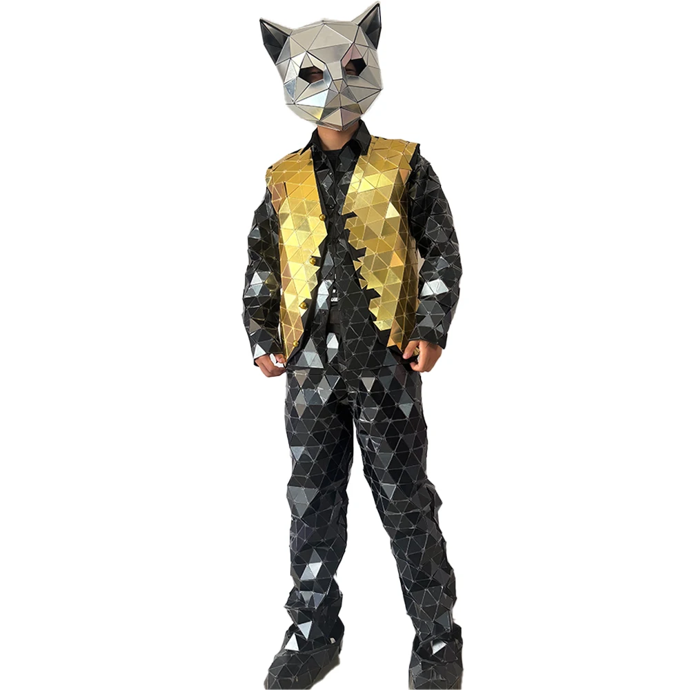 

Black Gold Mirror Costume Glitter Animal Helmet Halloween Cosplay Costume Set for Disco Party DJ Adult Stage Street Performance