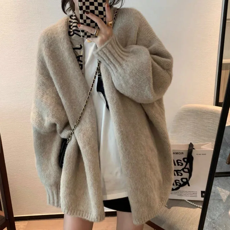 Autumn Winter Women's Loose Solid Lazy Sweater Cardigan Thickened Warm Lazy Long Sleeve Jacket Knitted Outerwear