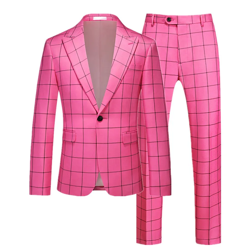 (Jacket+Pants) Fashion Men Simple Checkered Business Social Suit 2 Piece Classics Male Wedding Tuxedo Dress Single Breasted Set