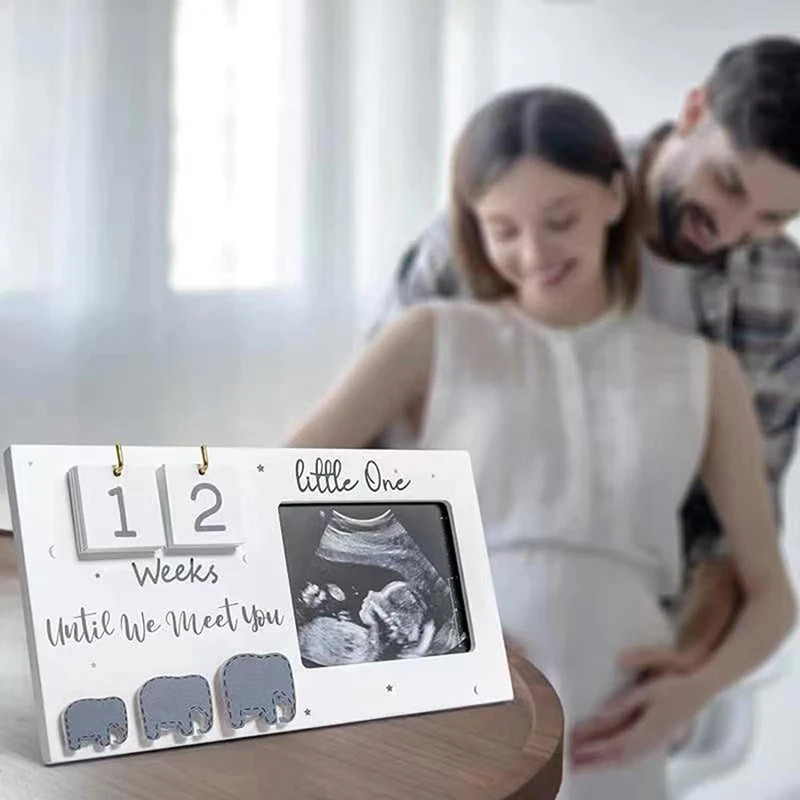 Sonogram Picture Frames com Contagem Regressiva Semanas, Elephant Nursery Decor, Informações Nascimento