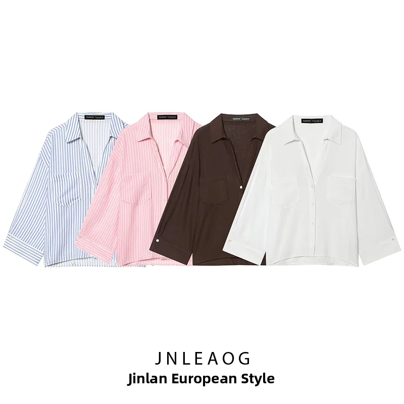 JNLEAOG Summer New Women's Comfortable Four-color Draped Mixed Fabric Shirt Standard Fit Long Sleeve Striped Polyester Fiber