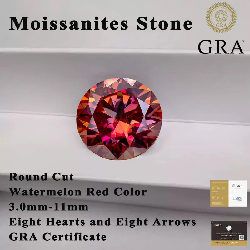 

Moissanites Stone Round Cut Watermelon Red Color 3.0mm-11mm Eight Hearts and Eight Arrows Moissanite Gemstones Certificate