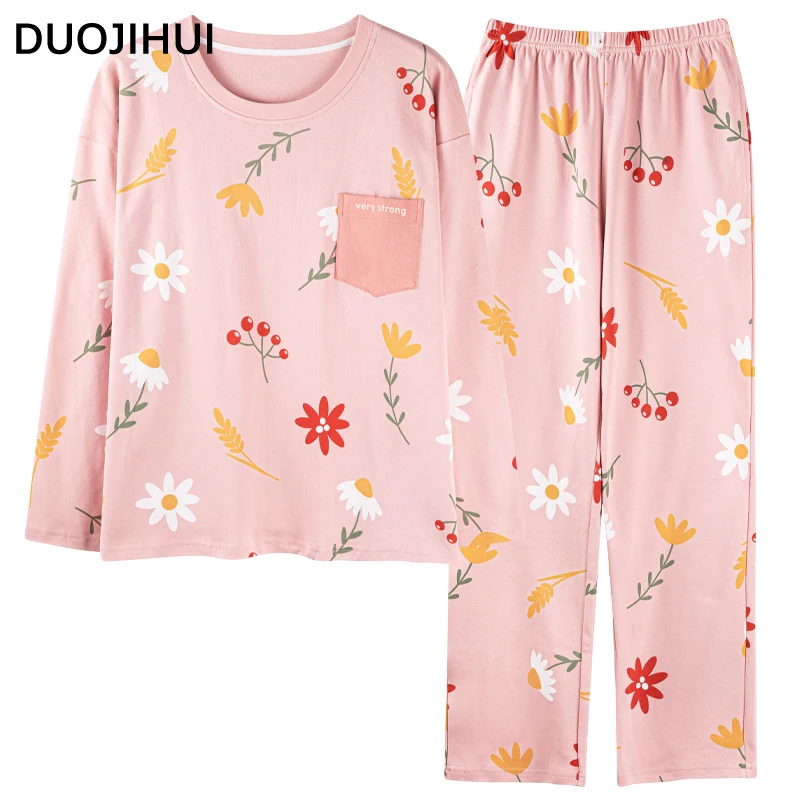 DUOJIHUI Pink Chic Printed Sweet Casual Pajamas for Women New Simple Pullover Basic Loose Pant Fashion Autumn Female Pajamas Set