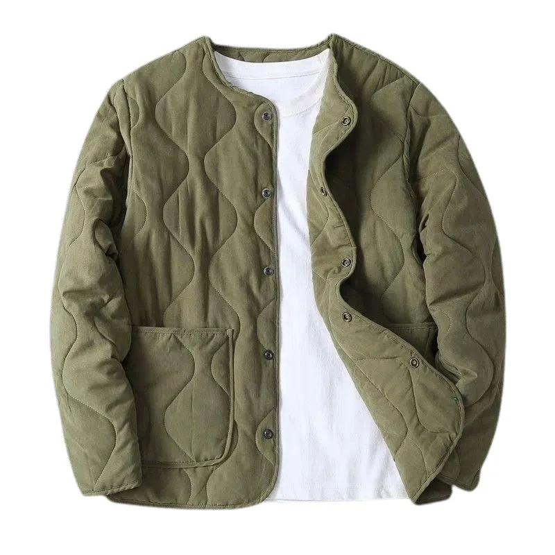 2024 Autumn Winter O-neck Quilted Jacket Men's Versatile Army Green Retro Thickened Coat Men Techwear Button Up Oversize Jacket