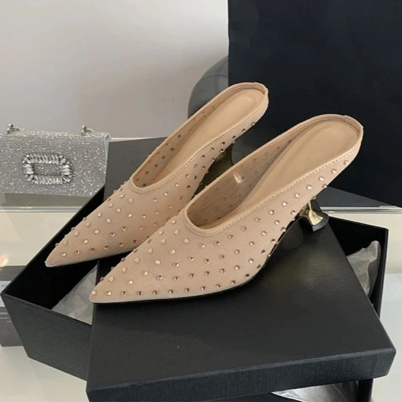 Aneikeh Summer Fashion Glitter Rhinestone Mules Pointed Toe Wedge Heel Slingbacks Pumps Woman Strange Style Sandals Party Shoes