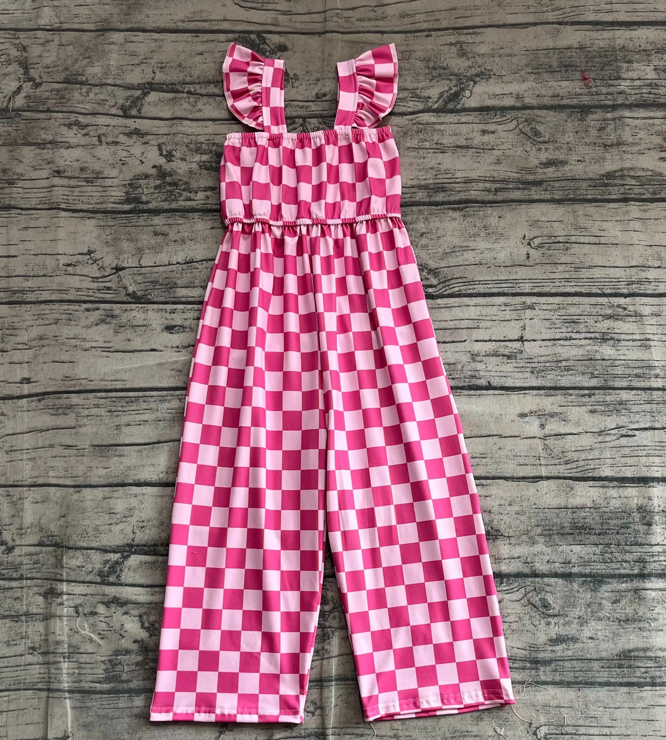

6.28 Wholesale hot sale Western Boutique children clothing Baby Girls Flutter Sleeves Pink Plaid Bell Jumpsuits