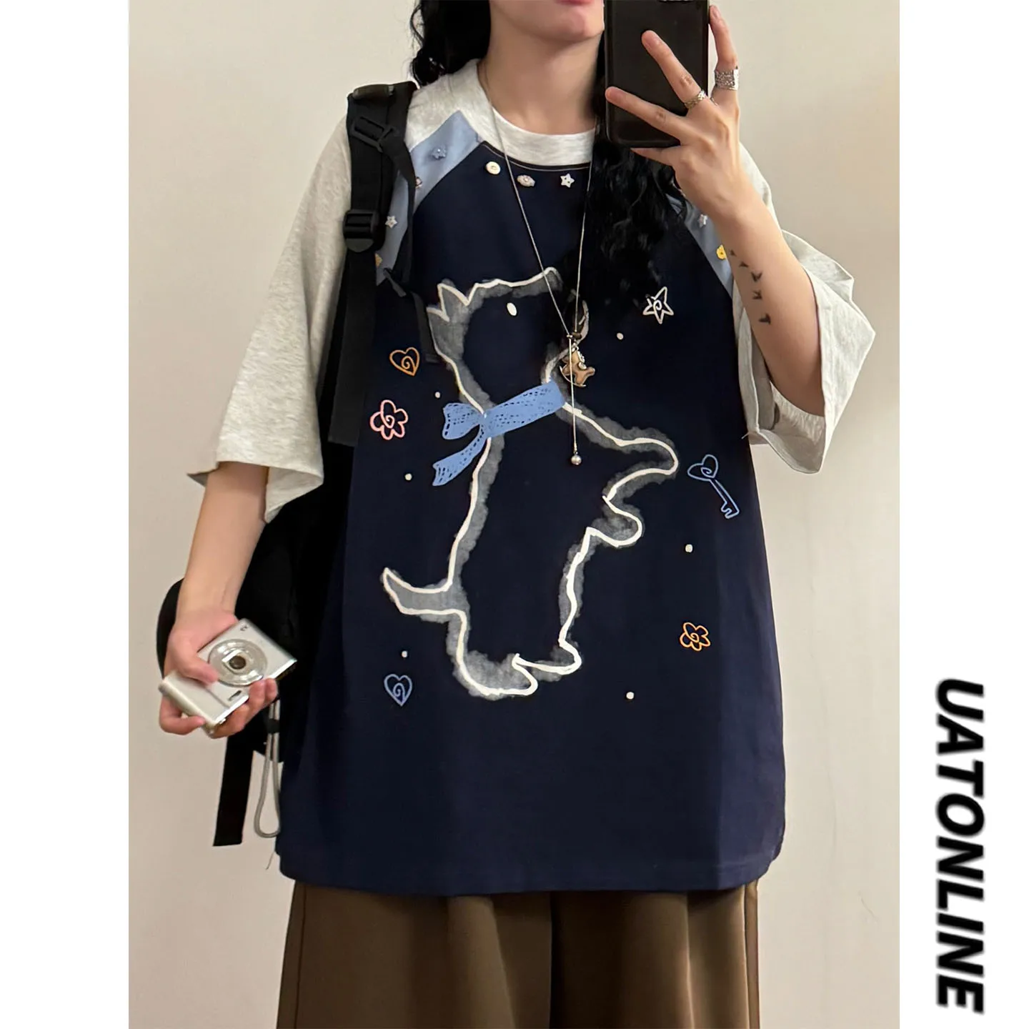 

Летняя футболка с ручной росписью в стиле колор-блок с изображением собаки, повседневная, свободного кроя, женская, с коротким рукавом, дышащая, приятная к коже