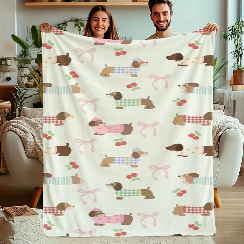 Cream Base Plaid Clothes Dachshund Cherry Fleece Blanket For Sweet Bedroom Decor Lightweight Plush Throw Blanket Cover