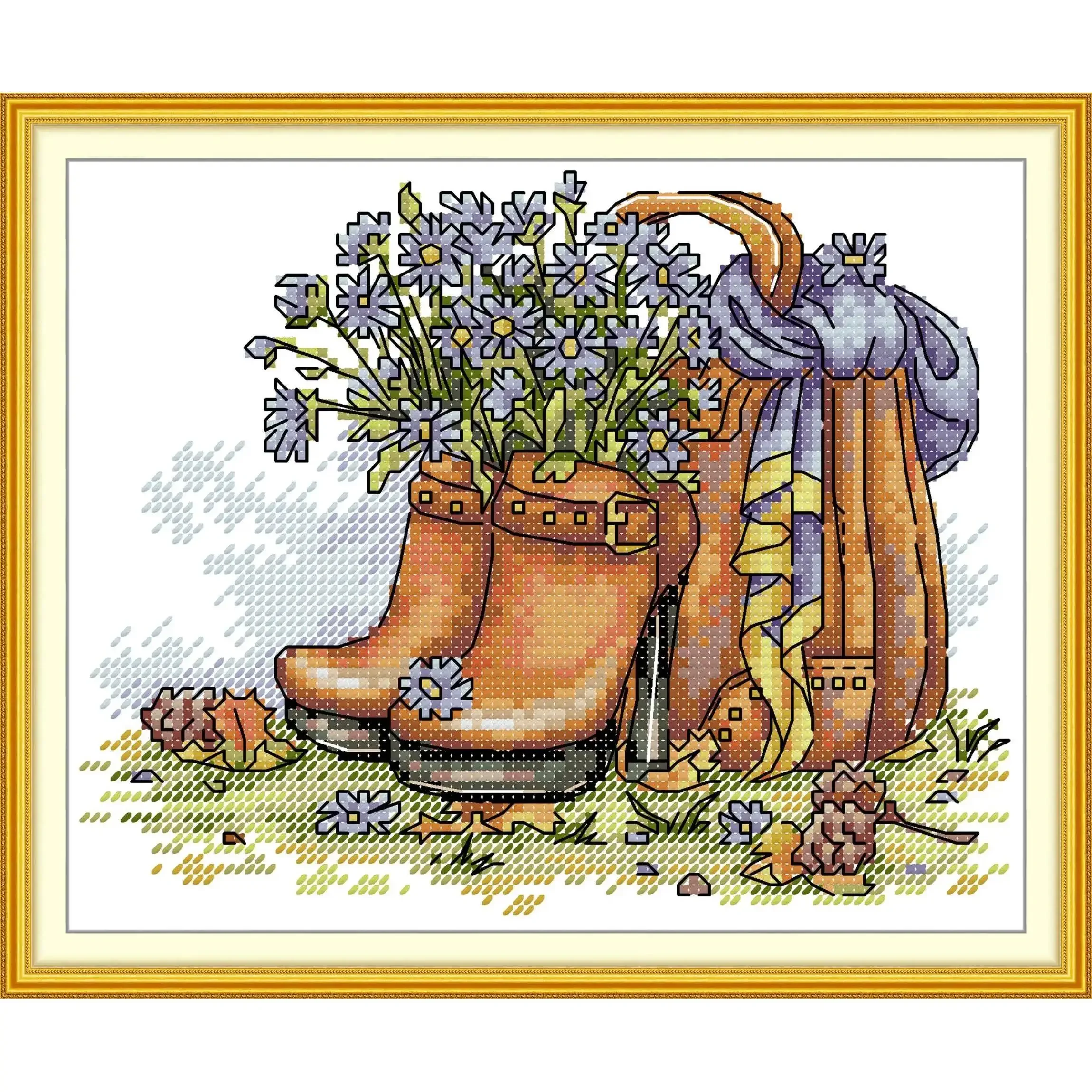 Joy Sunday Pre-printed Cross Stitch Kit  Easy Pattern Aida  Stamped Fabric Embroidery Set-Daisies in High Heels