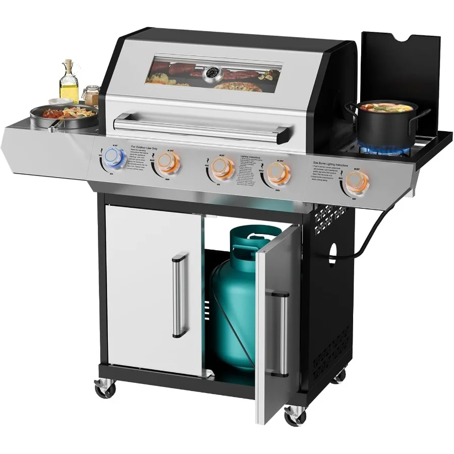 

4-Burner LED Gas BBQ Grill with Side Burner Visual Glass 60 000 BTU Stainless Steel Propane Grill 629 Sq. In. Grilling Area Bla
