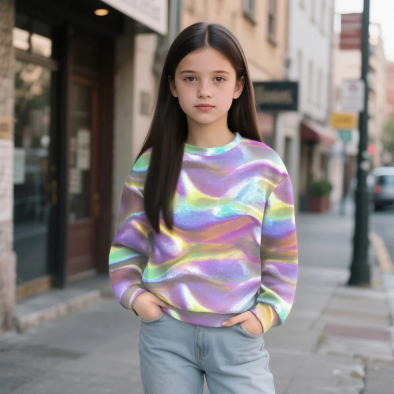 

2025 Girls Holographic Rainbow Long Sleeve Sweatshirt - Iridescent Trendy Pullover Top for Toddler & Kids Casual Streetwear