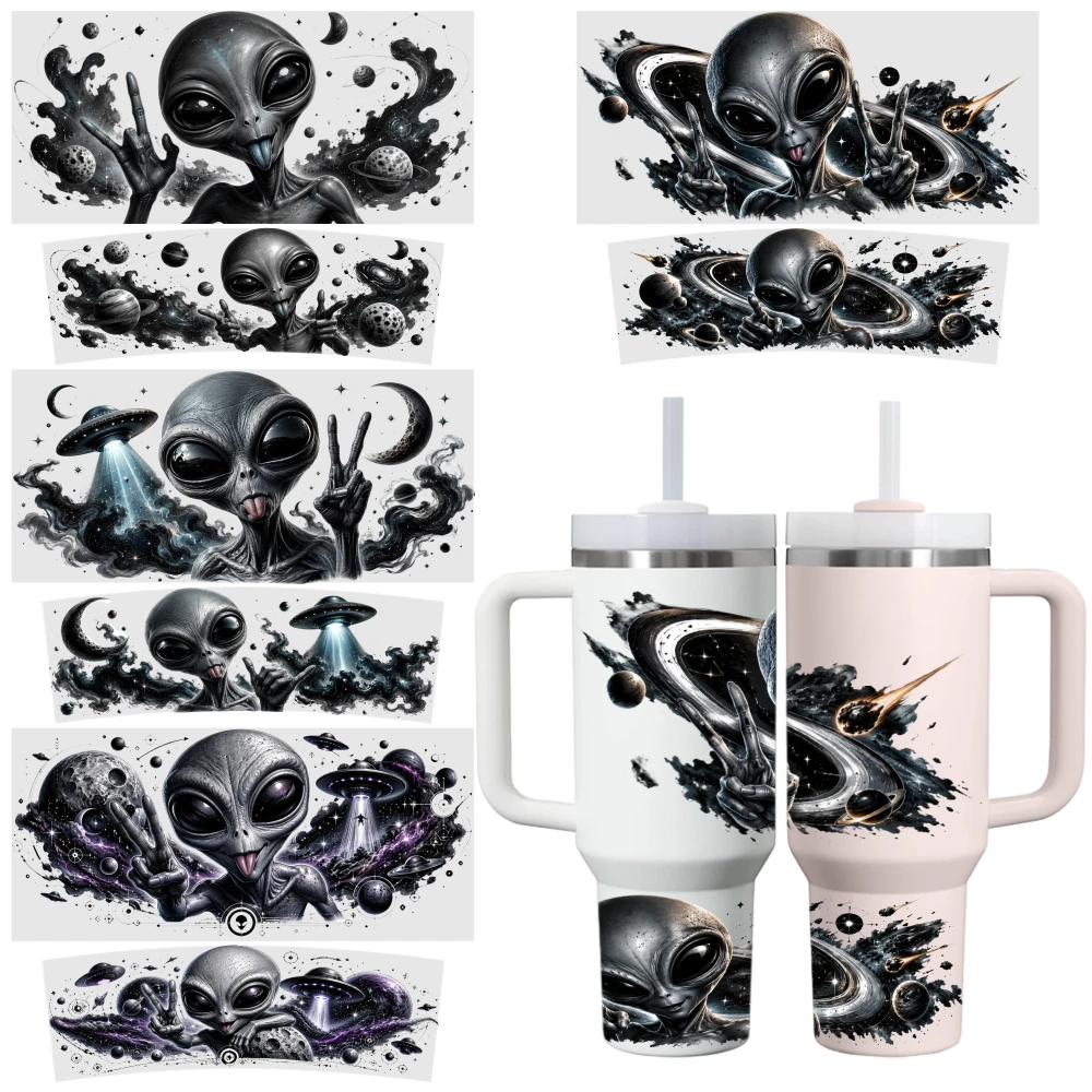 4 Sheets Alien Space Art UV DTF Stickers for 40oz Tumblers UV DTF Adhesive Decorative Transfer Paper Coffee Mug Decoration