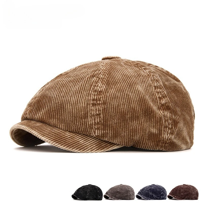 

British washed corduroy octagonal hat autumn and winter men's and women's big head circumference forward hat warm beret