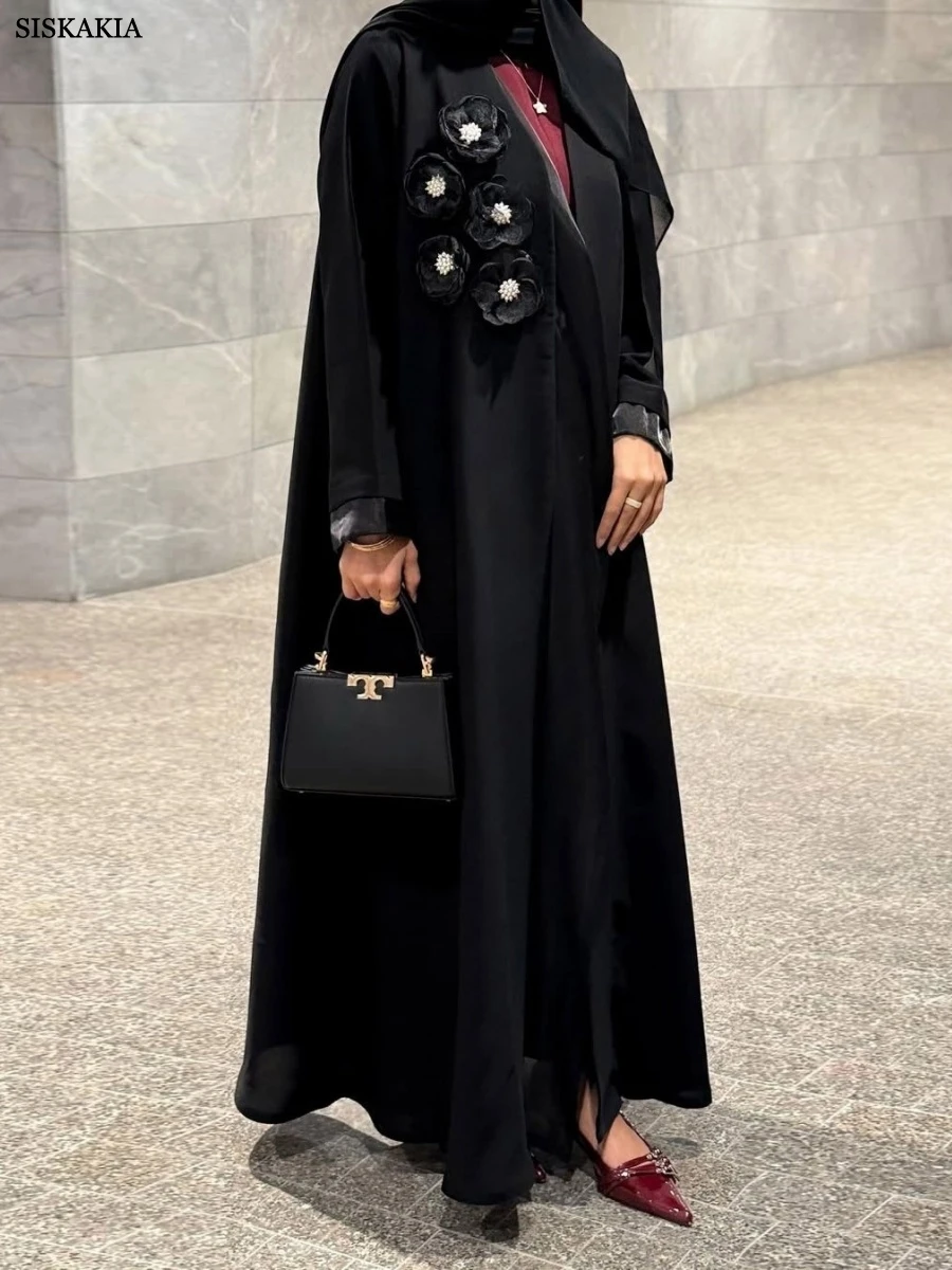Siskakia musulman élégant Patch conceptions femmes ouvert Abaya dubaï solide perles Cardigan col en v caftans