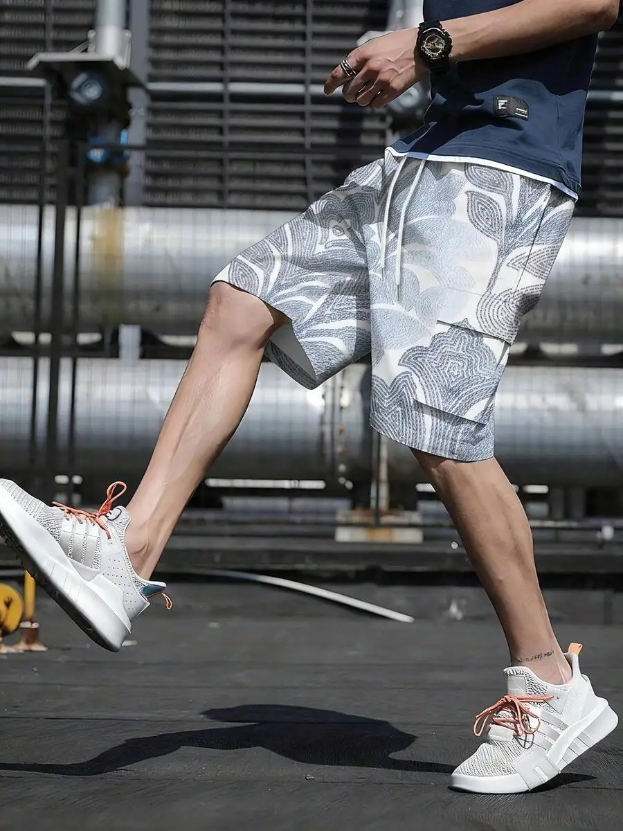 

Mens Cargo Shorts With Drawstring Waist Loose Fit Geometric Print Polyester Quick Dry Breathable