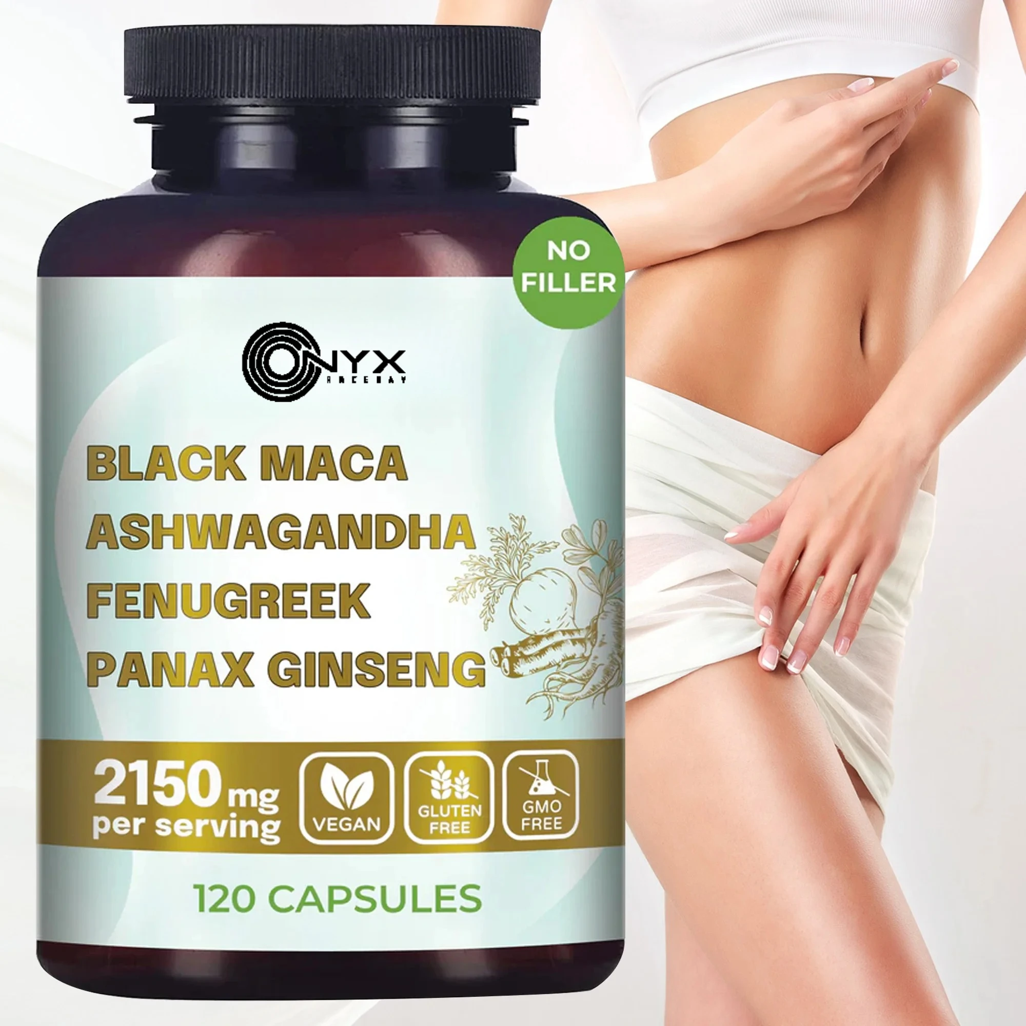 4-in-1 Organic Black Maca Root, Ashwagandha, Fenugreek, Panax Ginseng - Improve Endurance and Physical Fitness Capsules