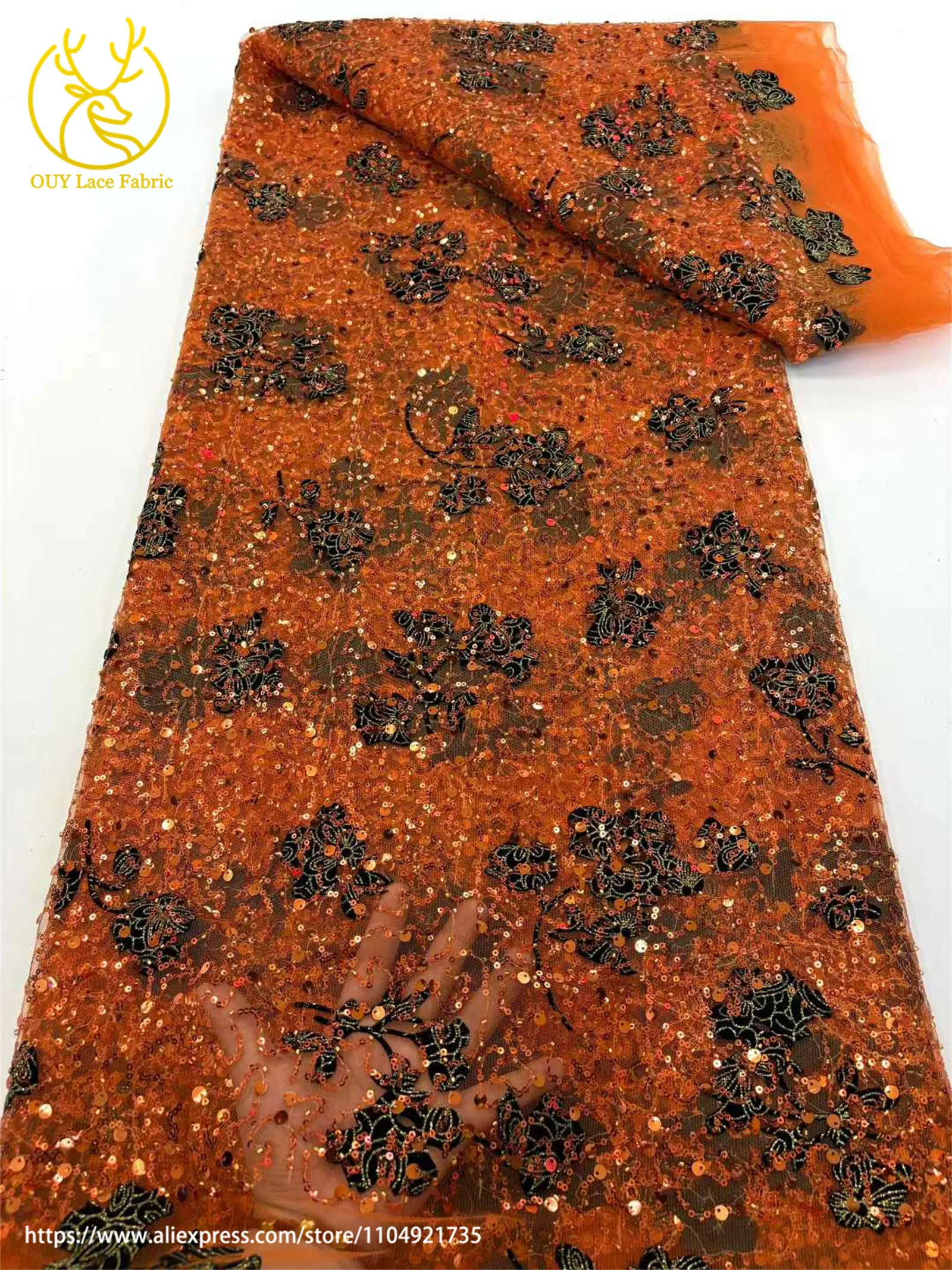 Afrikanischer Pailletten-Spitzenstoff, 2025, hochwertige Bräutigam-Stickerei, französischer nigerianischer orangefarbener Tüll-Spitze, Material für Hochzeit, Party, Kleid – Detail 12