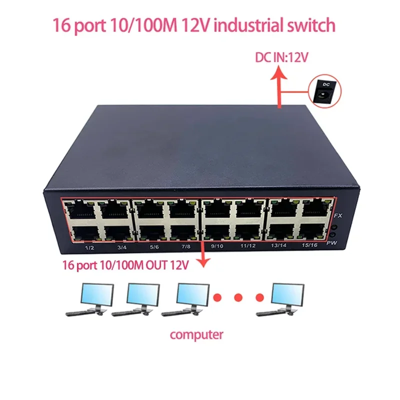 

16 портов 10/100M dc in 12V промышленный модуль коммутатора ethernet для школы, торгового центра, промышленной зоны, торгового центра