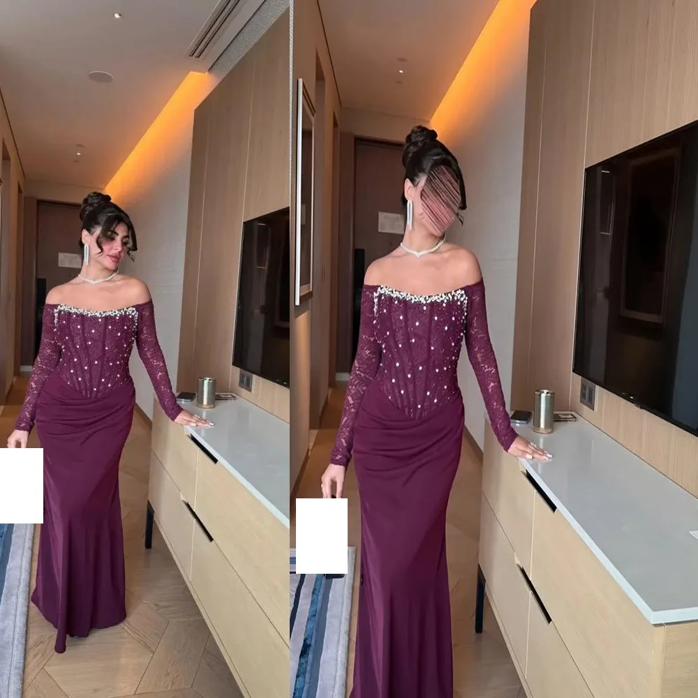 

Strapless Satin Beaded Crystal Pleated Corset Gorgeous Evening Dresses Backless Sheath 3/4 Sleeve Long Prom Saudi Gown for Women