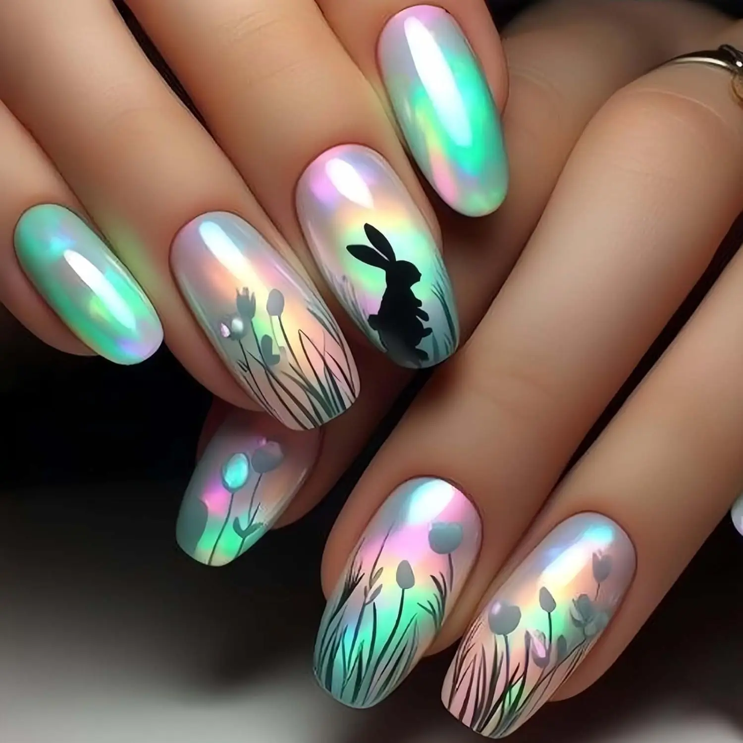 

Easter Press on Nails Short 24Pcs Green Rabbit Square Fake Nails Aurora Gradient Heart Flower Design False Nail Acylic Nails