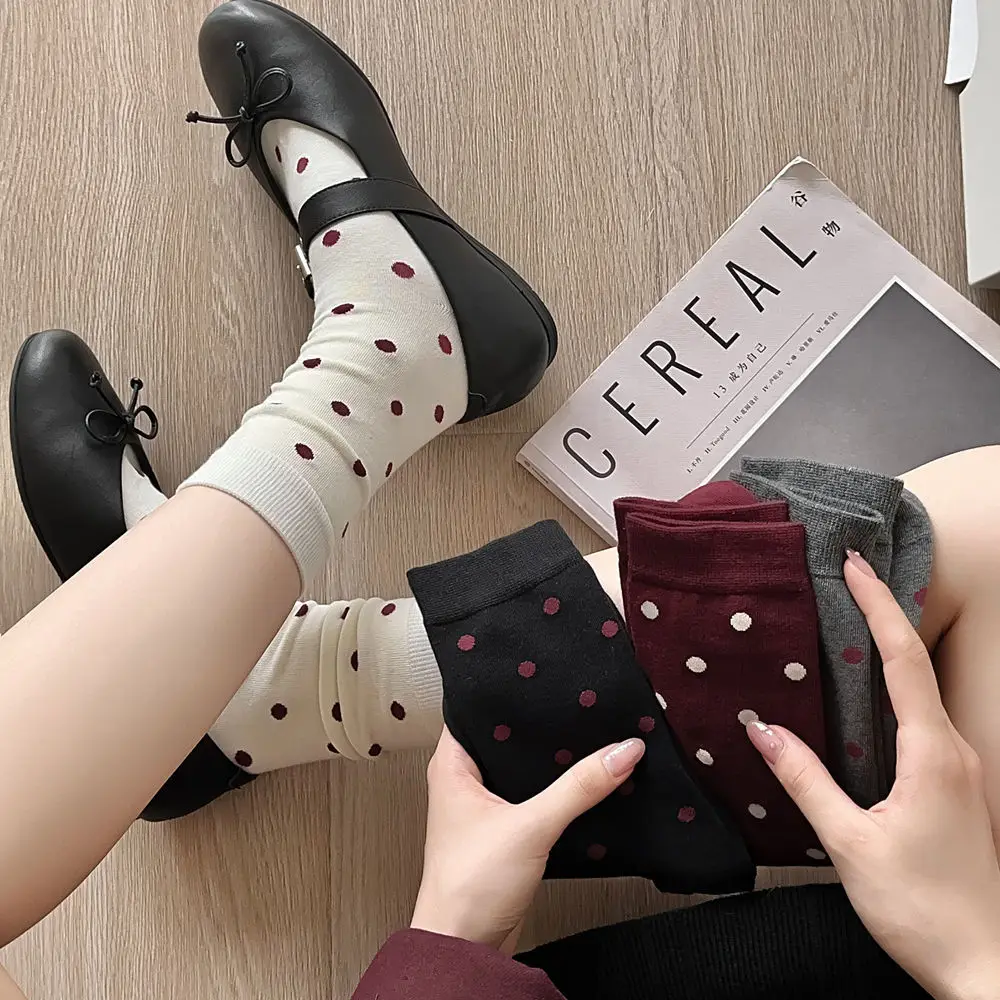 Harajuku Vintage Frauen Socken Herbst Winter Neue Gestrickte Baumwolle Elastische Lange Socken Frauen Polka Dot Japanischen Kawaii Nette Socken Sox – Detail 17